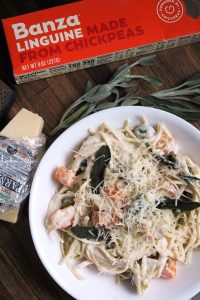 Spaghetti with Roasted Butternut and Brussels & Greek Yogurt Cream Sauce