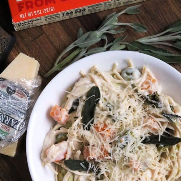 Spaghetti with Roasted Butternut and Brussels & Greek Yogurt Cream Sauce