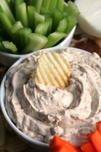 Caramelized Onion Dip with Potato Chips.