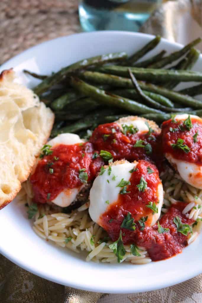 Oven-Fried Eggplant Parmesan with Parsley Orzo.