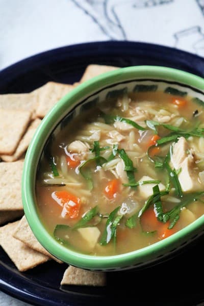 Lemon Chicken Orzo Soup Bowl with Crackers