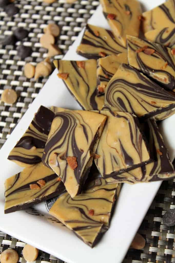 Chocolate Peanut Butter Bark topped with Bacon