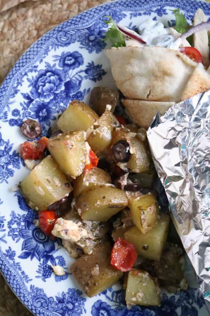 Greek Potato Casserole with Chicken Gyros.