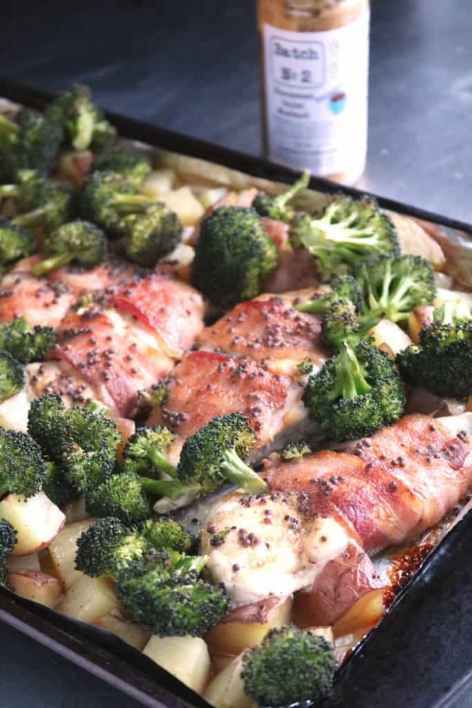 Sheet Pan Bacon Wrapped Mustard Chicken with Broccoli and Potatoes 3