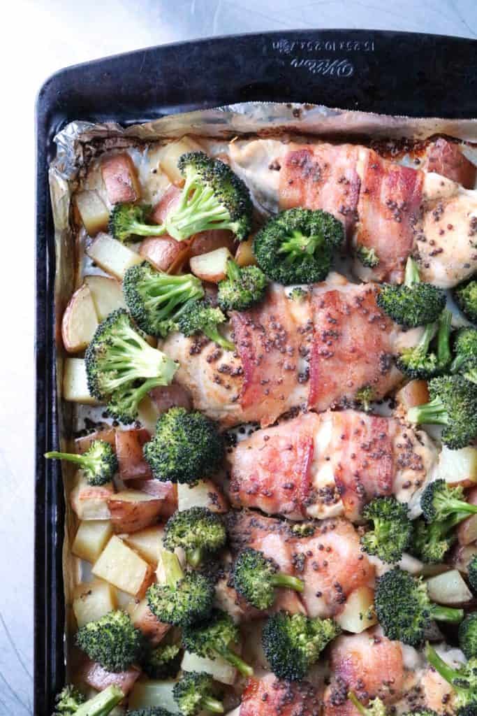 Sheet Pan Bacon Wrapped Mustard Chicken with Broccoli and Potatoes 4