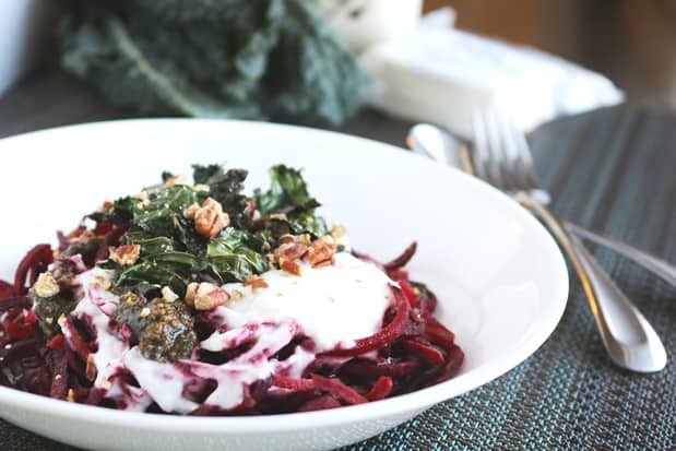 Spiralized Beet Noodles with Feta Cream Sauce 4
