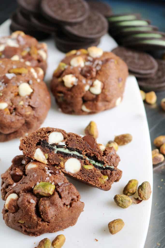 Pistachio Oreo Stuffed Double Chocolate Chip Cookies 3