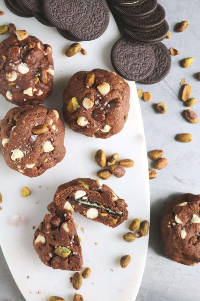 Pistachio Oreo Stuffed Double Chocolate Chip Cookies 4