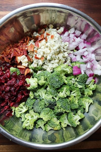 Bacon & Blue Cheese Broccoli Salad Ingredients.