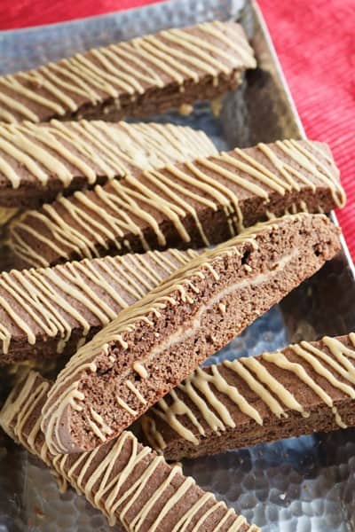 Peanut Butter Stuffed Chocolate Biscotti by The Spiffy Cookie #biscotti #PBchocSat #buckeyes