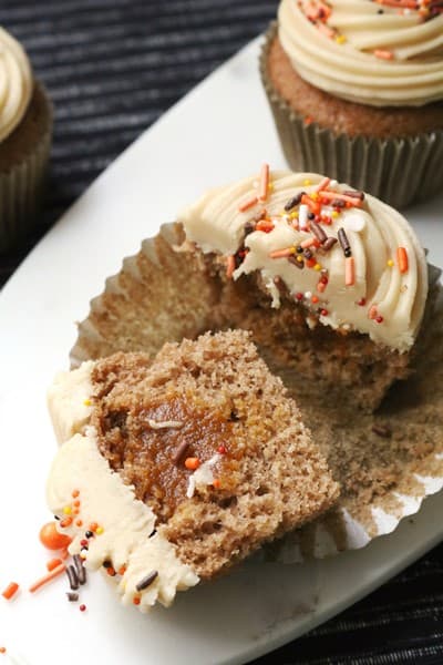 Pumpkin Butter Cupcakes with Brown Sugar Frosting by The Spiffy Cookie #spicecupcakes #brownsugar #pumpkin
