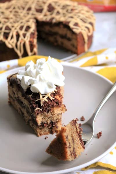 Chocolate Peanut Butter Coffee Cake topped with Whipped Cream