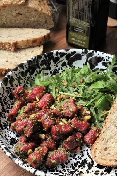Beet Gnocchi with Arugula Basil Pesto #beets #gnocchi