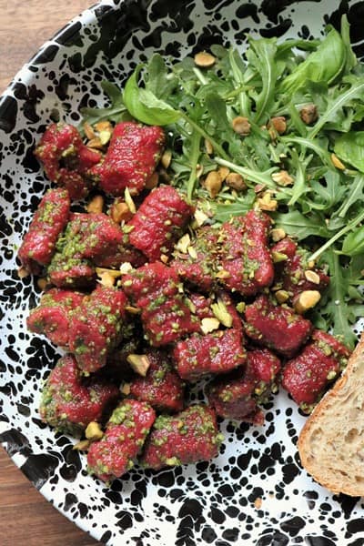 Beet Gnocchi with Arugula Basil Pesto #homemadegnocchi