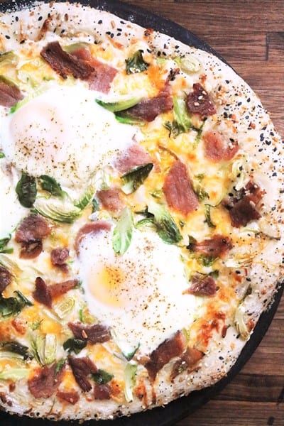 Breakfast Pizza with Everything Bagel Crust and Cream Cheese Sauce