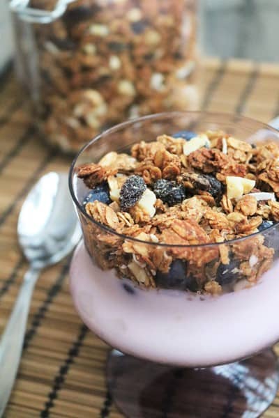 Oatmeal Raisin Cookie Granola with Yogurt and Blueberries