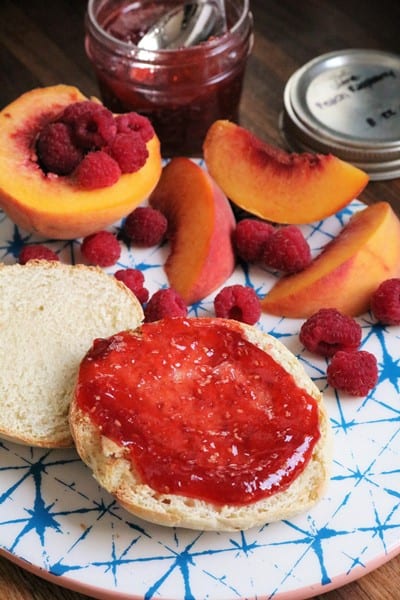Peach Raspberry Lime Jam on an English Muffin