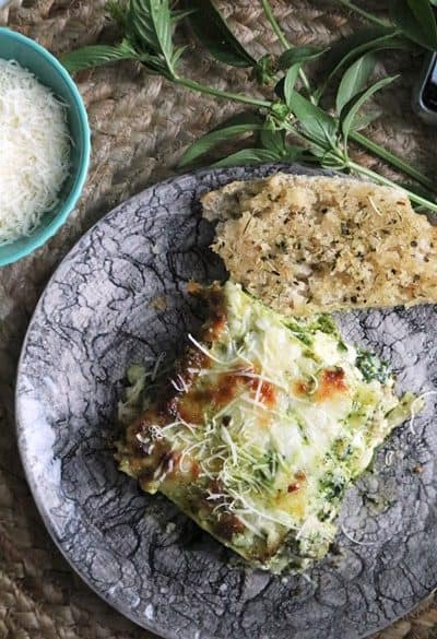 Pesto Chicken Lasagna with Garlic Bread