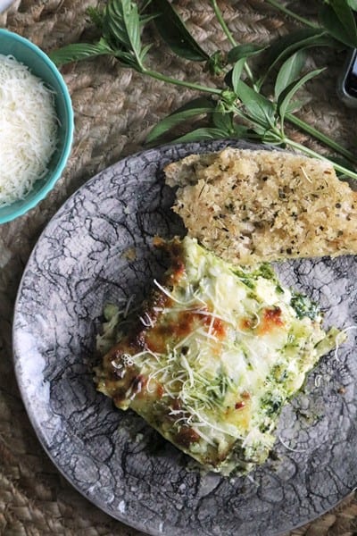Pesto Chicken Lasagna with Garlic Bread