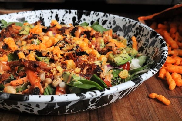 Cheetos as croutons on top of Chopped BBQ Ranch Salad