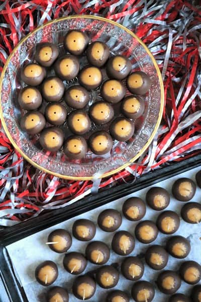 Buckeye Cake Balls dipped with toothpicks