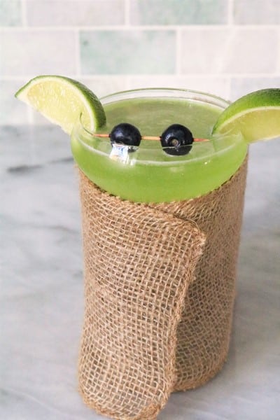 Baby Yoda Cocktail wrapped in burlap