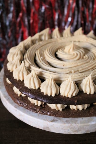 Chocolate Macaron Layer Cake with Peanut Butter Frosting