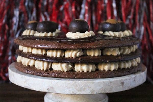 Chocolate Peanut Butter Macaron Cake with Buckeyes on top