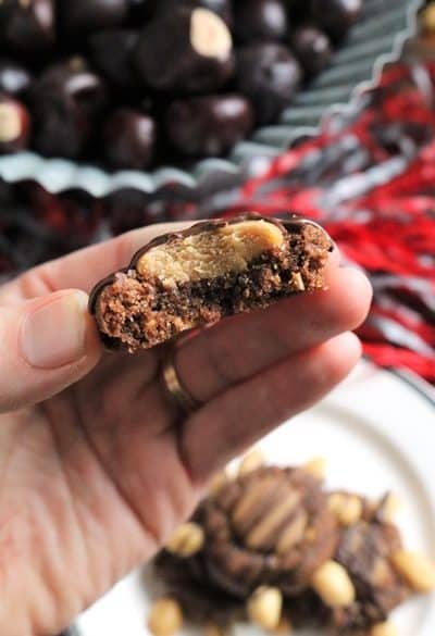 Flourless Buckeye Turtle Thumbprint Cookies #thumbprint #holidaybaking #flourless #glutenfree #buckeyes