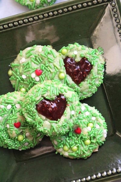 Grinch Heart Thumbprint Cookies #holidaybaking