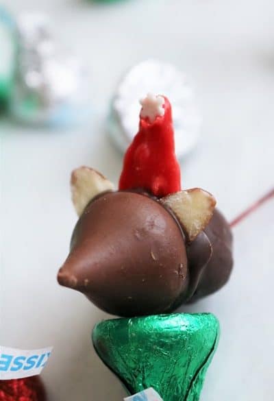 Chocolate Covered Cherries decorated to look like Christmas mice