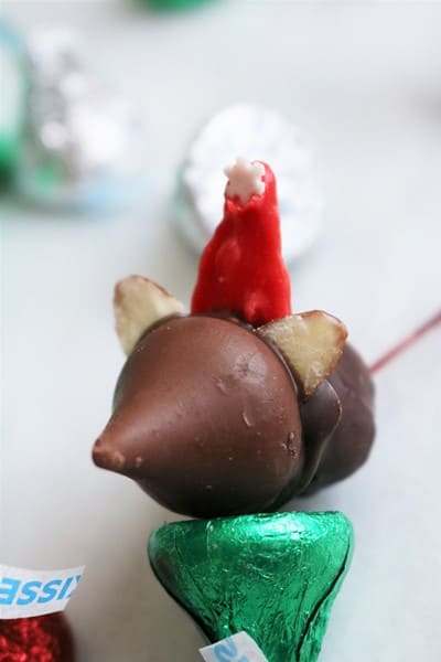 Chocolate Covered Cherries decorated to look like Christmas mice