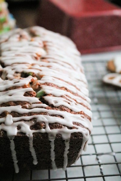 Fruit Cake Banana Bread topped with a Rum Glaze