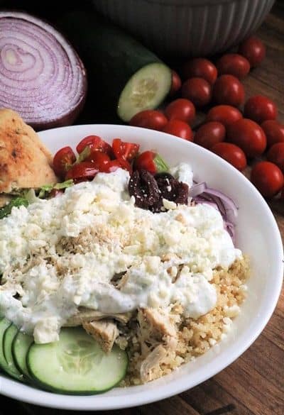 Slow Cooker Gluten Free Chicken Gyro Bowl