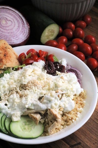 Slow Cooker Gluten Free Chicken Gyro Bowl