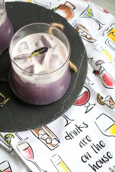 Whiskey Sour made with Butterfly Pea Flowers