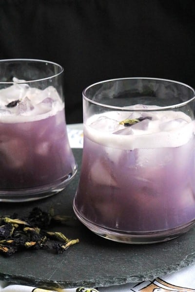 Vegan Blueberry Pea Whiskey Sour Cocktails