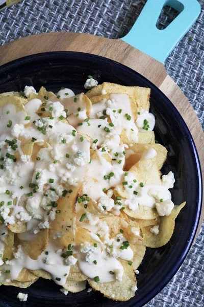 Ohio Nachos with Alfredo, Blue Cheese, and Chives