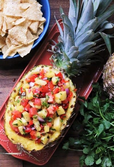 Fresh Pineapple Salsa served in the pineapple