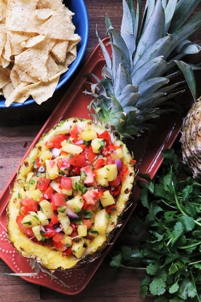 Fresh Pineapple Salsa served in the pineapple