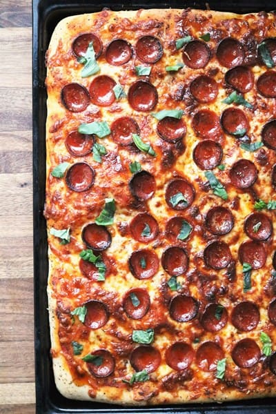 Focaccia Pizza with cup and char pepperoni