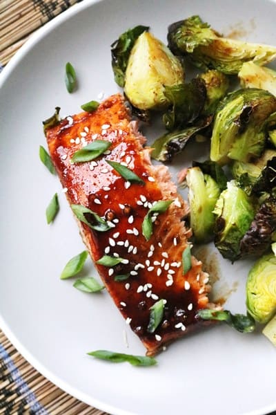 Easy Weeknight Hoisin Glazed Salmon and Brussels Sprouts Recipe