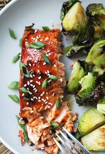 Hoisin Glazed Salmon and Brussels Sprouts #weeknight #sheetpan
