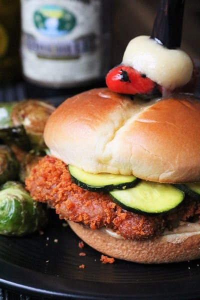 Vegan Spicy Chick'n Sandwich with Zucchini Pickles and Urfa Mayo