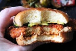 Spicy Seitan Chicken Sandwich with bites