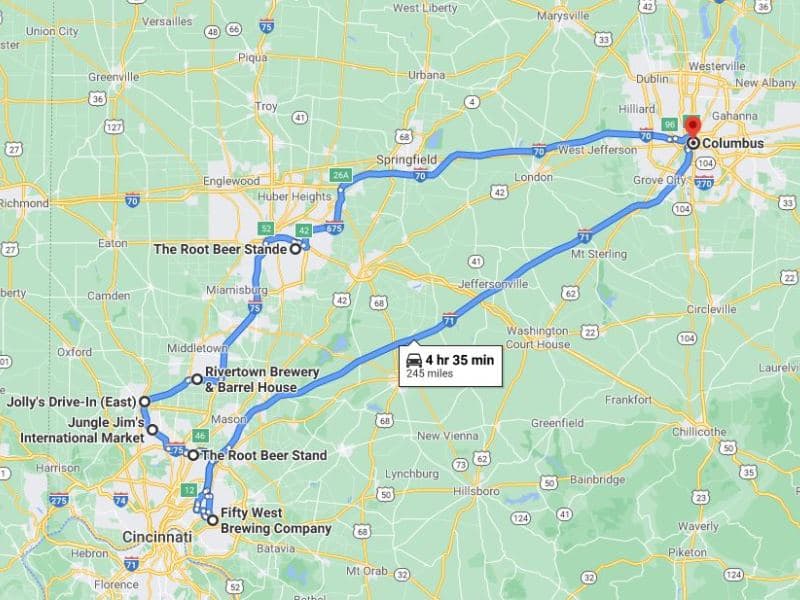 Cincinnati Root Beer Day Trip Route