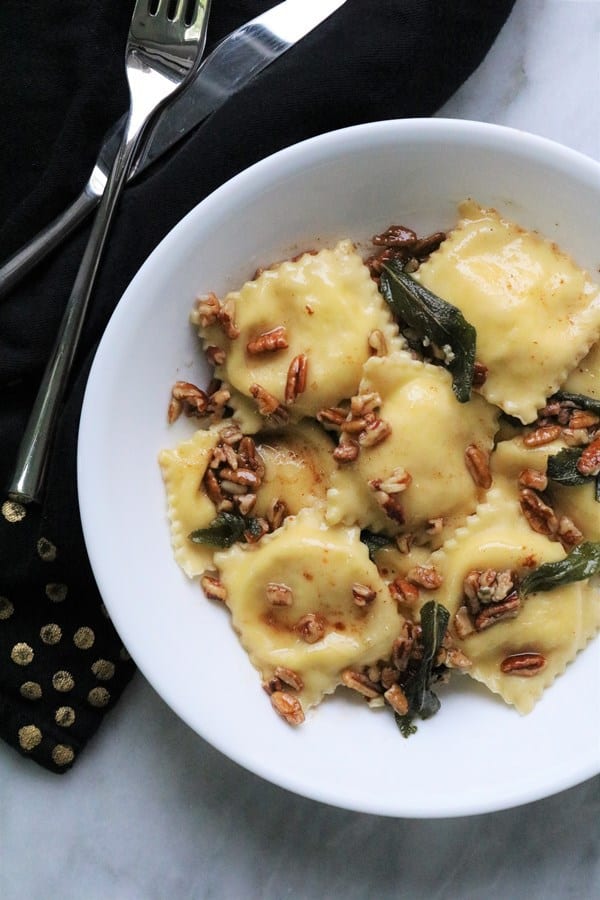 Pumpkin Goat Cheese Ravioli with Pecan and Sage Brown Butter Sauce #thespiffycookie