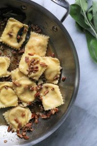 Pumpkin Goat Cheese Ravioli with Pecan and Sage Brown Butter Sauce #homemaderavioli
