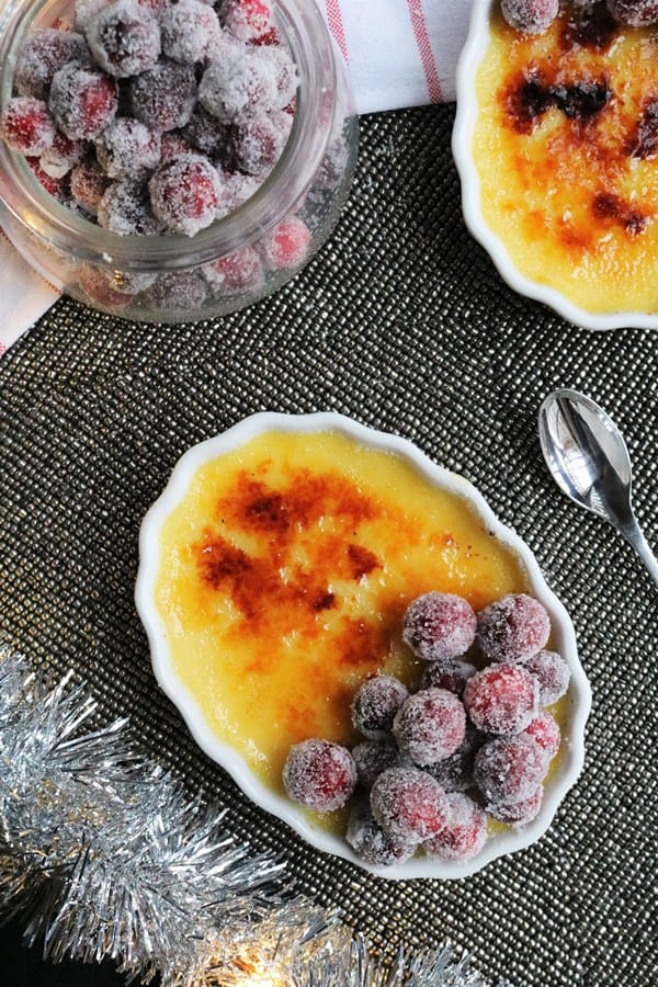 Eggnog Crème Brûlée topped with Sugared Cranberries
