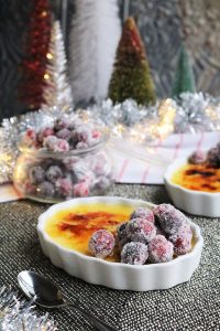 Sugared Cranberries on top Eggnog Crème Brûlée